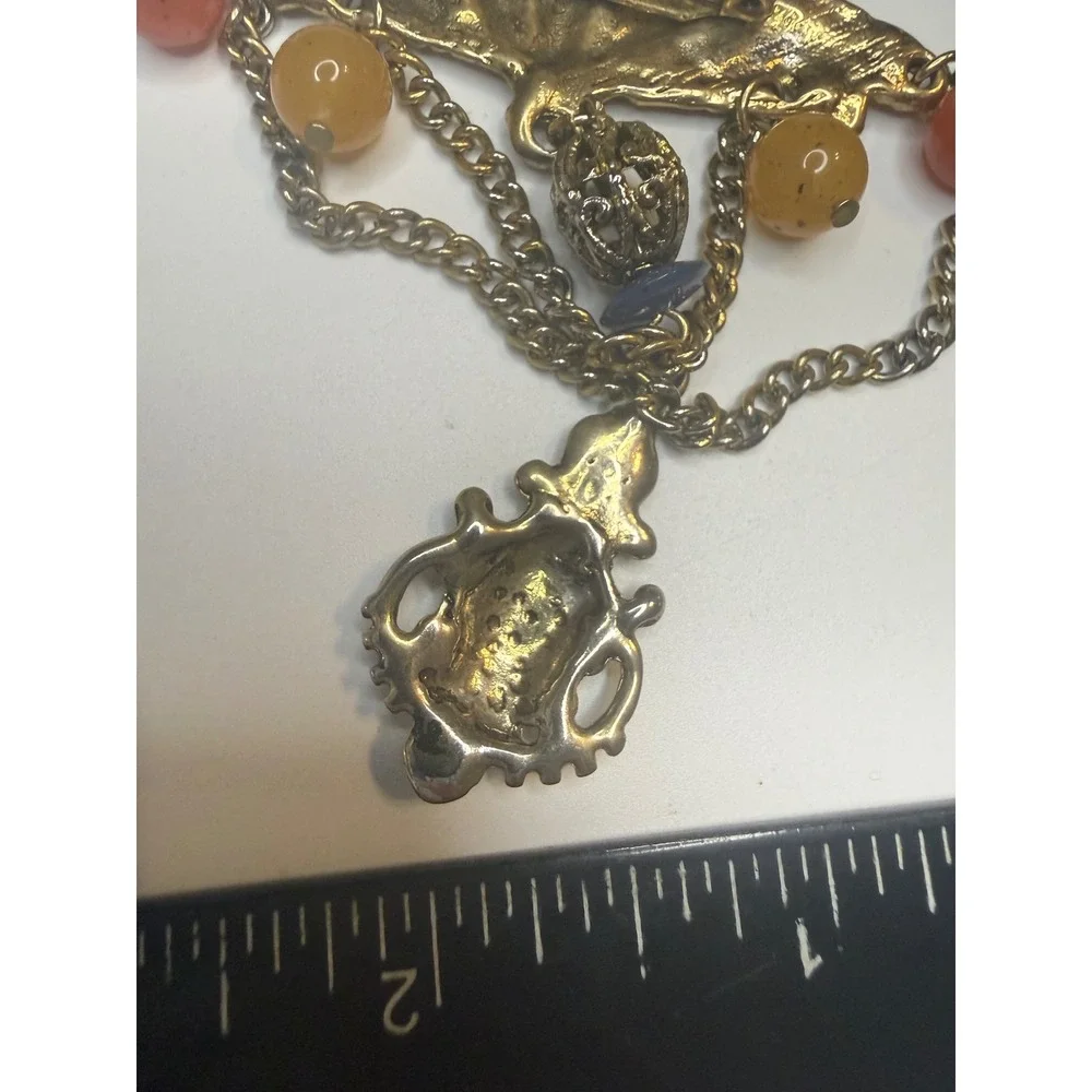 Gold Tone Fan Brooch with Dangle Chains Urn Pendant and Colorful Beads